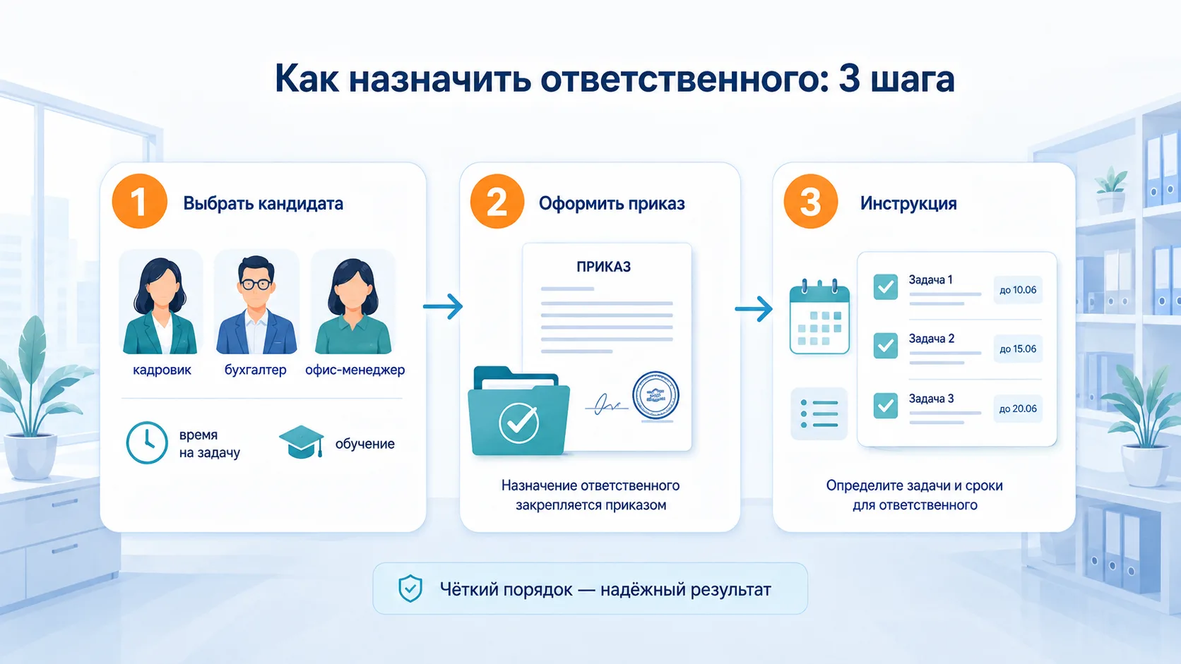 Специалист за рабочим столом сосредоточенно сверяет данные, рядом лежат папки и карточки сотрудников, на заднем плане стенд со схемой документооборота