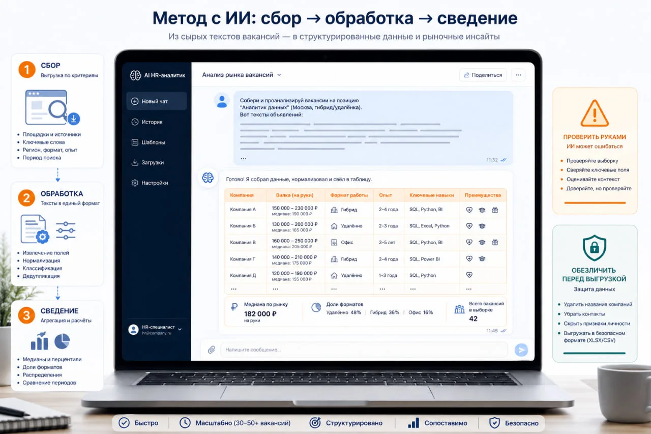 Большая электронная таблица на мониторе компьютера с множеством строк и колонок, диаграмма с результатами анализа рядом