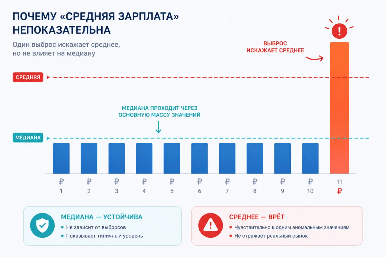 Таблица с метриками зарплат: нижняя граница, медиана, модальный диапазон, верхний дециль, расчётные показатели