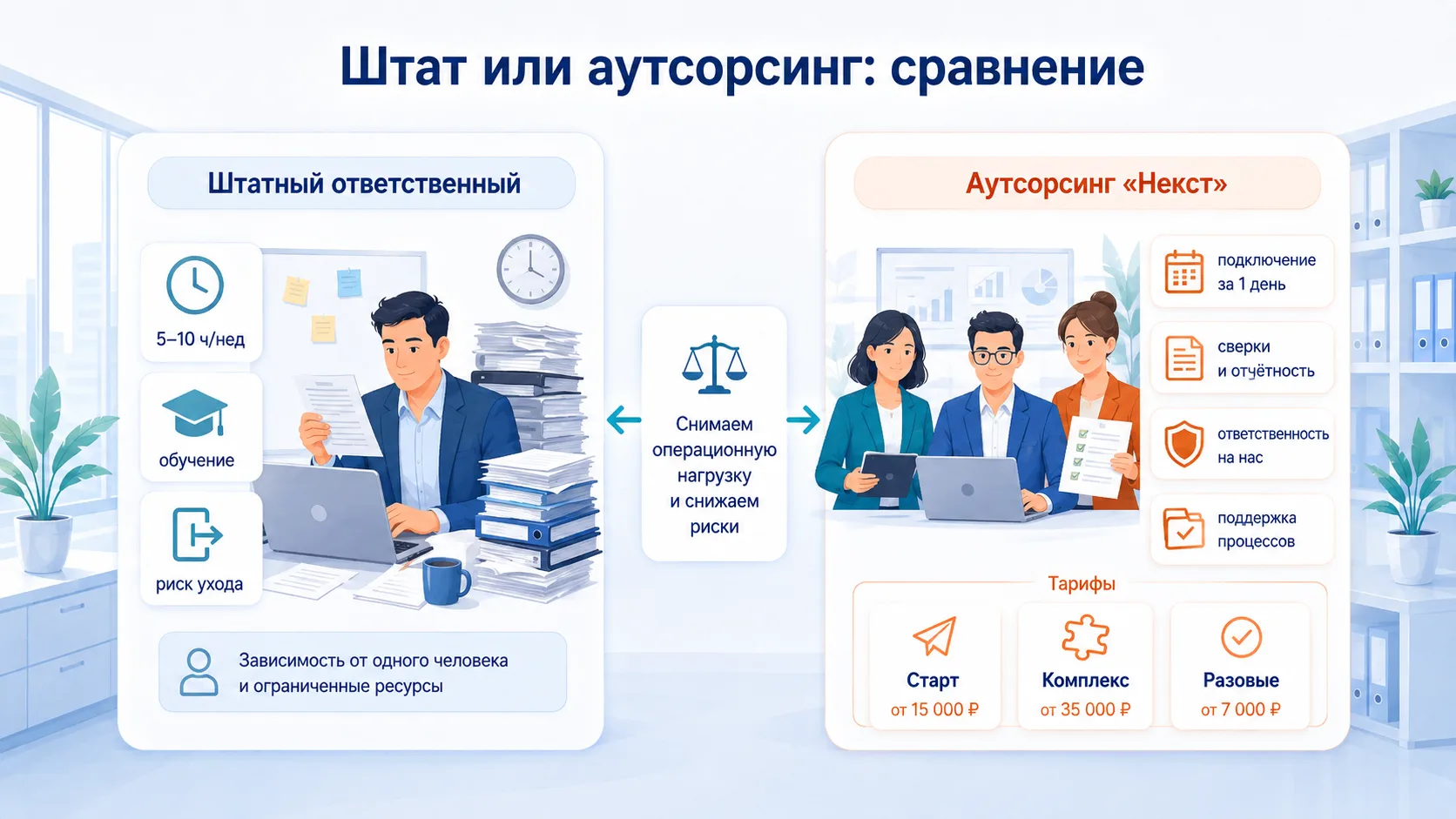 Офисный сотрудник сравнивает на планшете затраты на своего работника и услуги аутсорсинга, рядом на столе калькулятор и папки с кадровыми документами