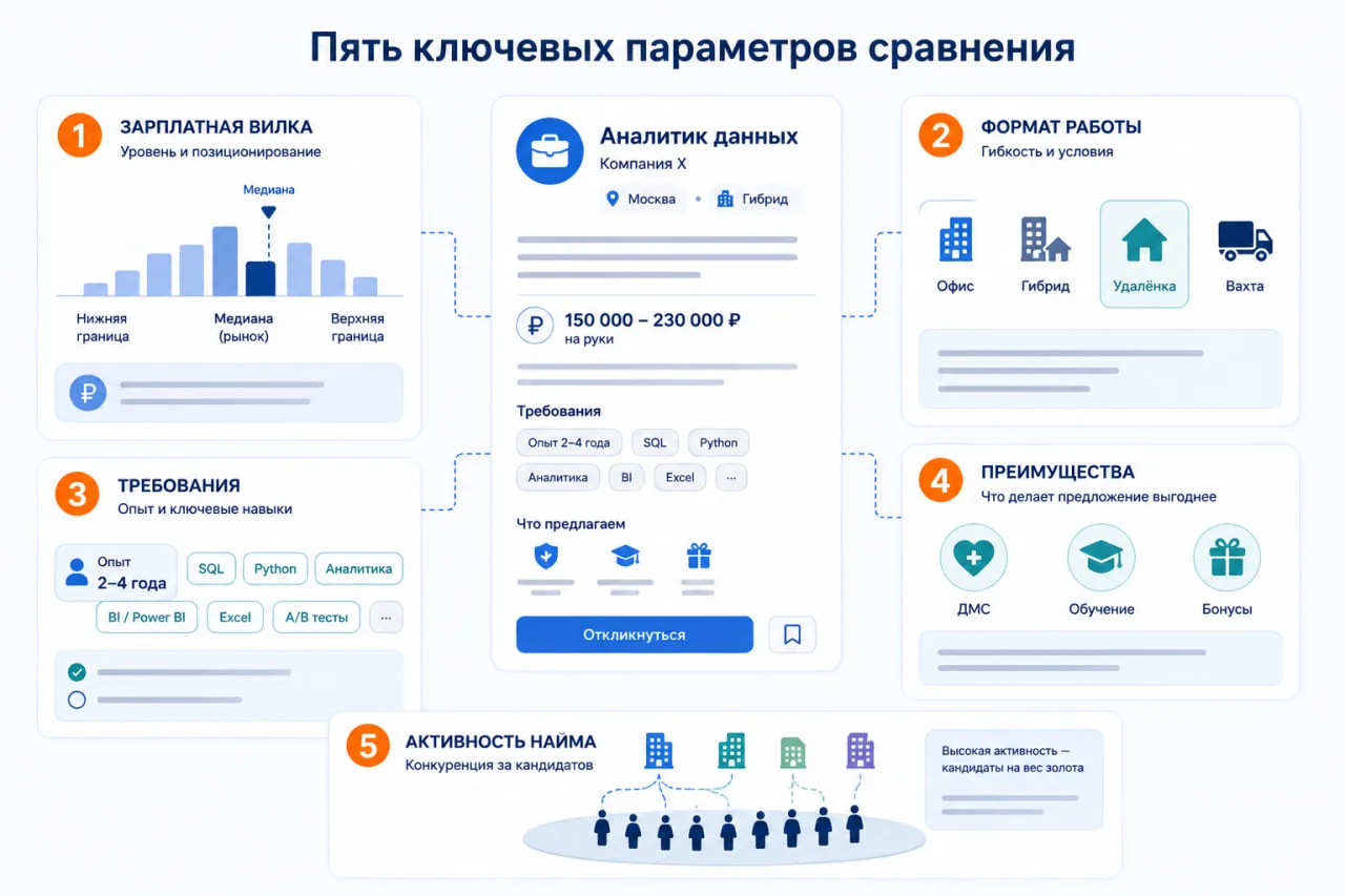Рекрутер держит стопку карточек вакансий, на столе открыт ноутбук с поисковой системой hh.ru, кофе и блокнот